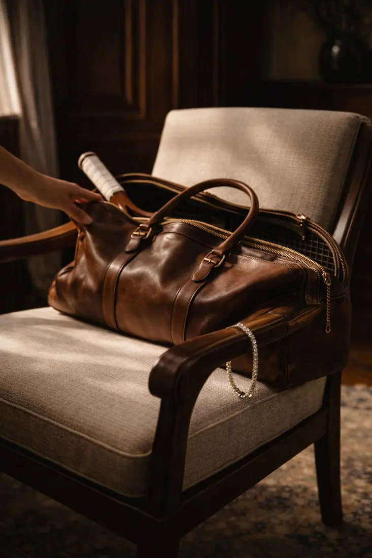 Duffel bag on club chair